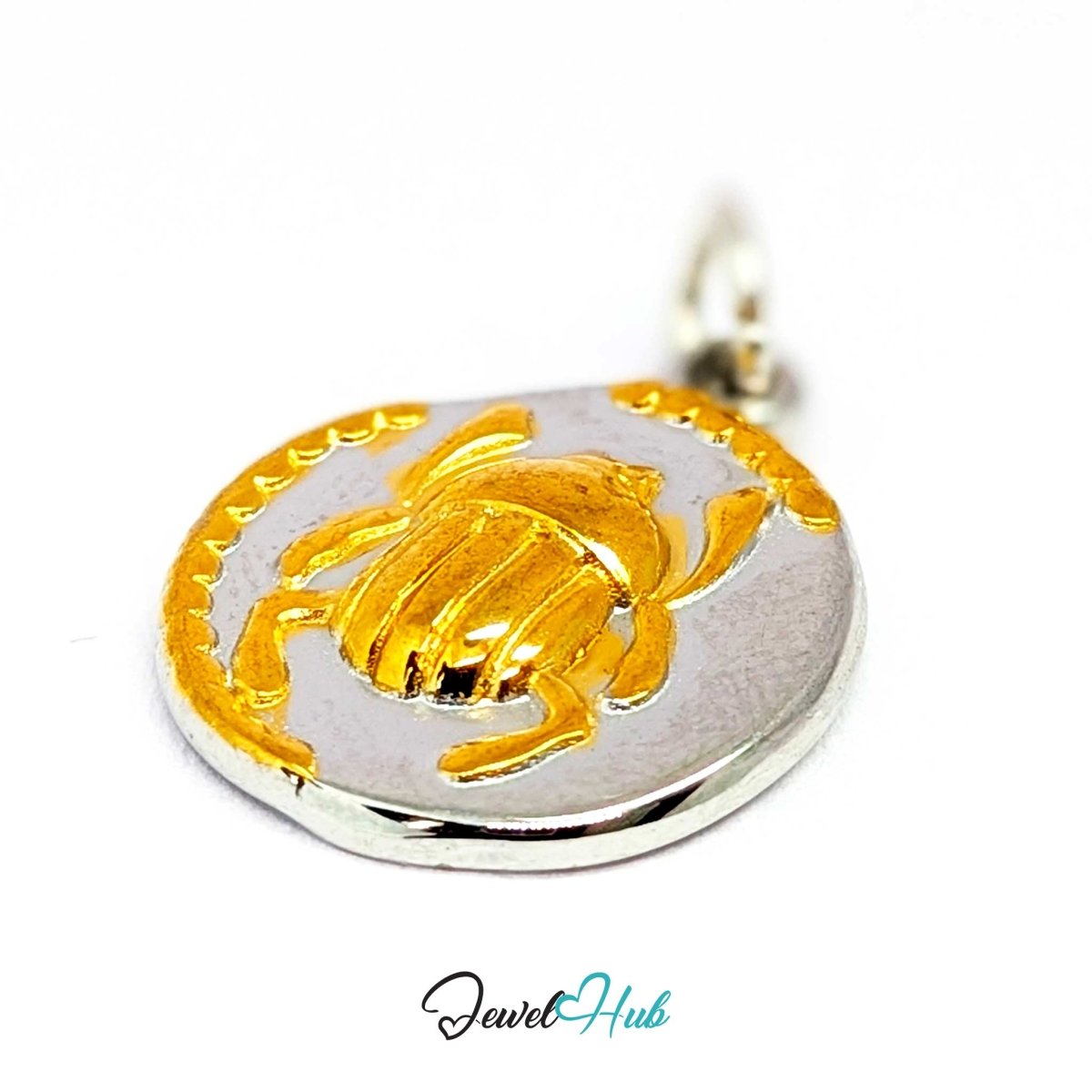 Scarab Oval charm tilted, two-tone stainless steel - the modelled wing cases and gold rim - JewelHub