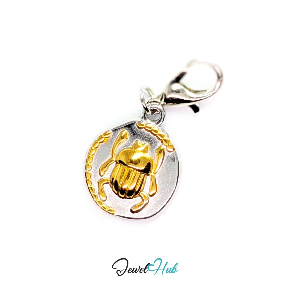 Scarab Oval charm, two-tone stainless steel, fitted with a lobster clasp to clip straight on - JewelHub