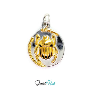 Scarab Oval charm, two-tone stainless steel - raised gold beetle on a textured silver oval - JewelHub