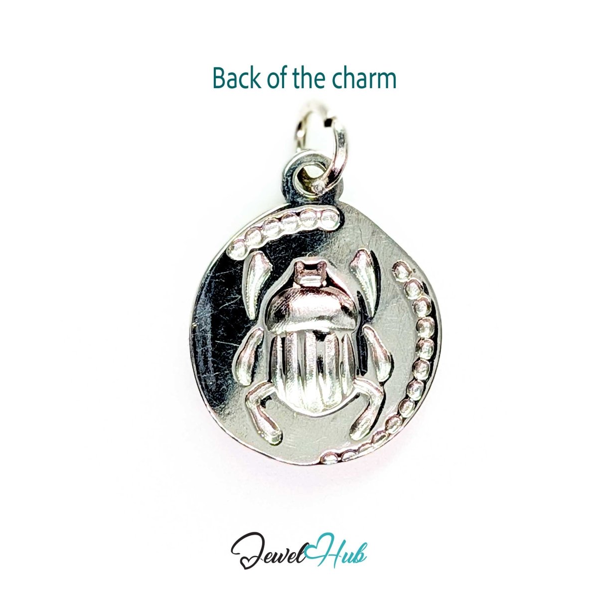 Back of the Scarab Oval charm, two-tone stainless steel - silver, the beetle shape showing through - JewelHub