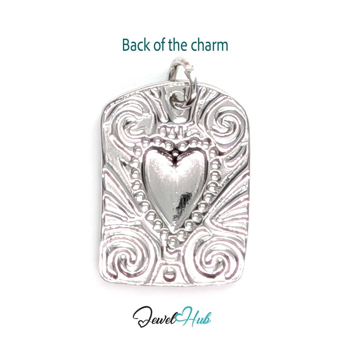 Back of the Scroll Plaque charm - the design in silver relief, no gold on this side - JewelHub