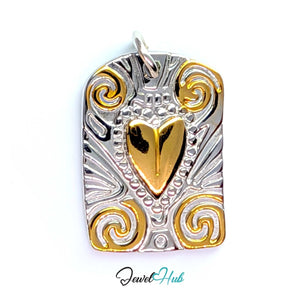 Scroll Plaque charm in two-tone stainless steel, a gold heart on an engraved silver plate - JewelHub