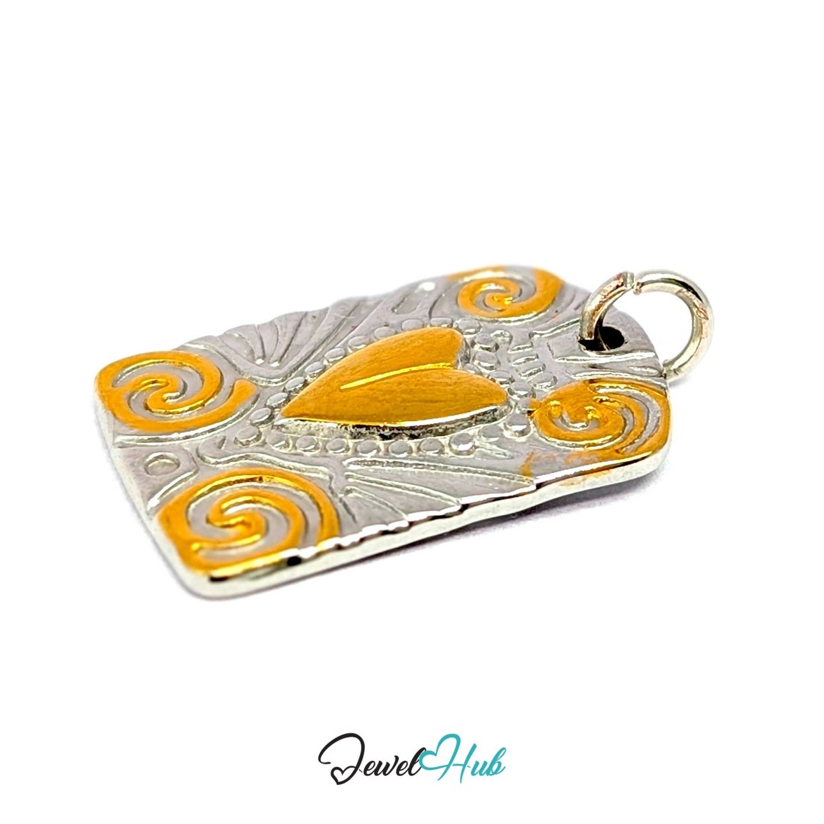 Scroll Plaque charm at an angle, showing the beading around the heart and its 2.2mm thickness - JewelHub