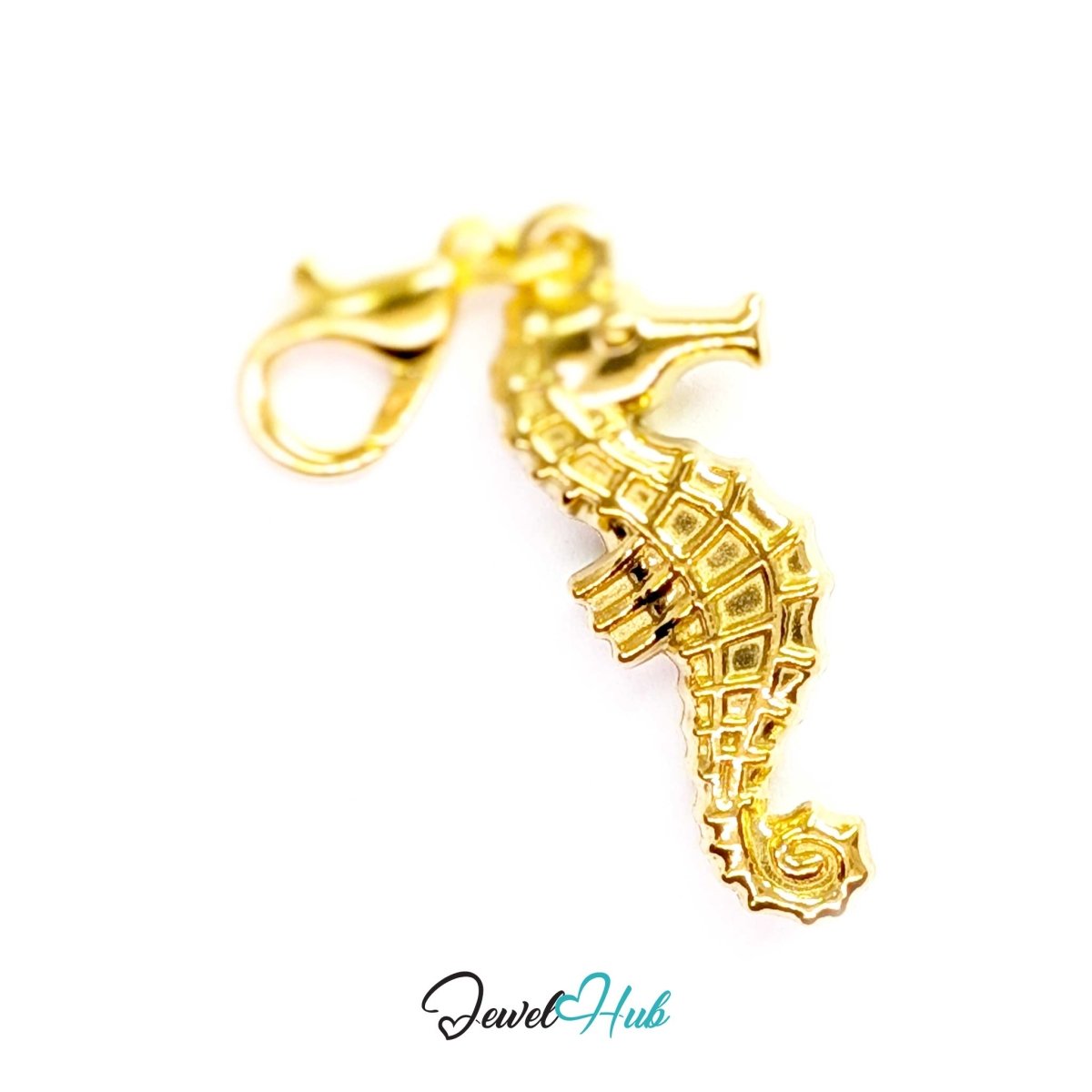 Gold Classic Seahorse charm fitted with a lobster clasp, ready to clip onto a bracelet, bag or keyring - JewelHub
