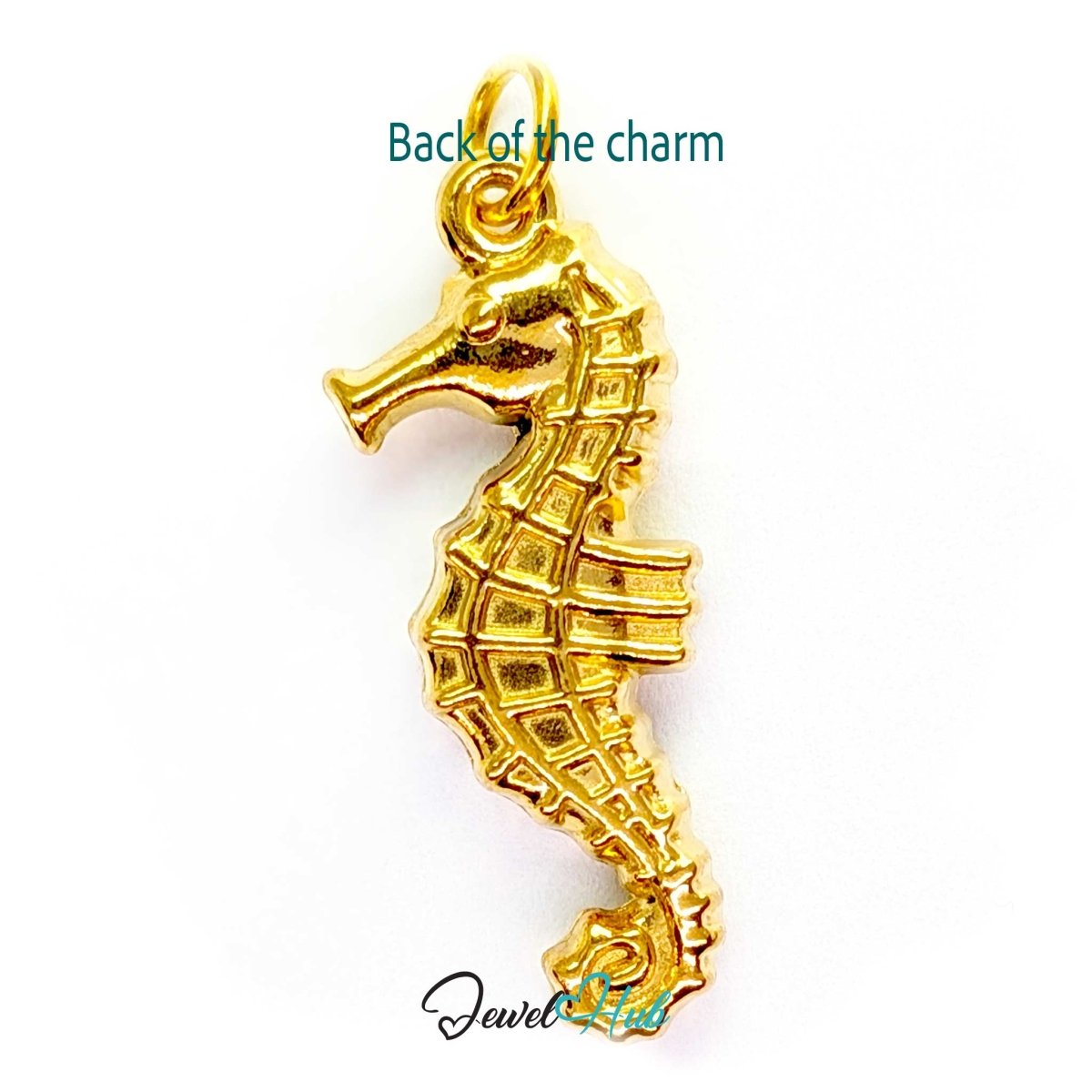 Back of the gold seahorse charm - fully sculpted on both sides, no flat panel - JewelHub