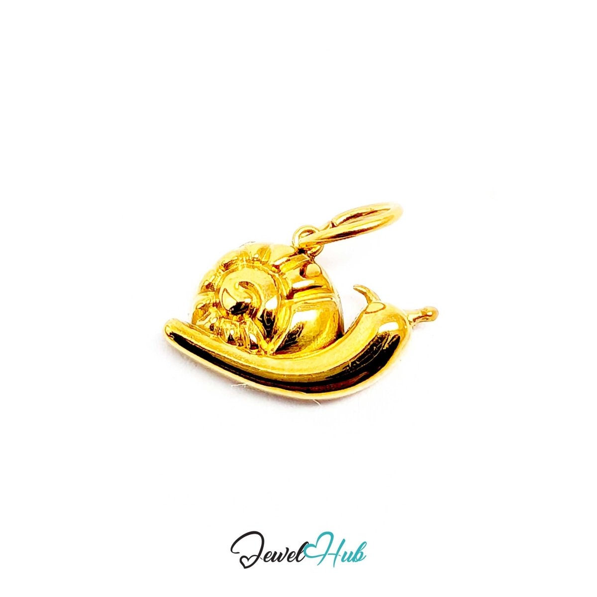 Gold snail charm angled to show the depth of the filigree shell - JewelHub
