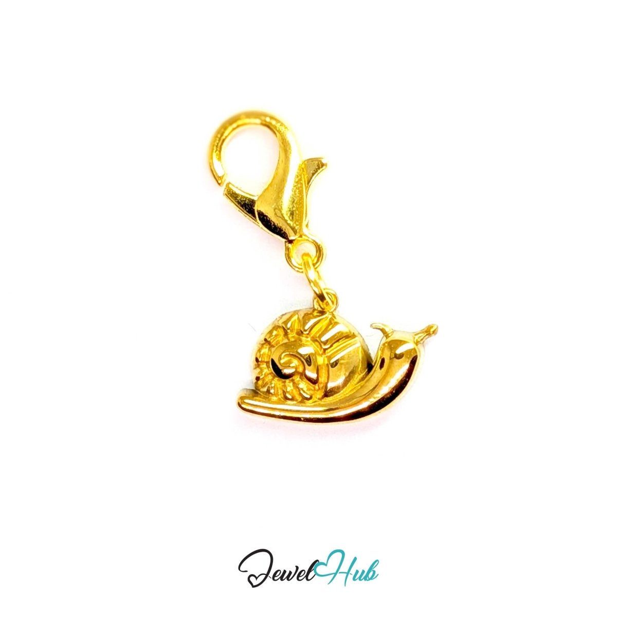 Gold Classic Snail charm fitted with a lobster clasp, ready to clip onto a bracelet, bag or keyring - JewelHub