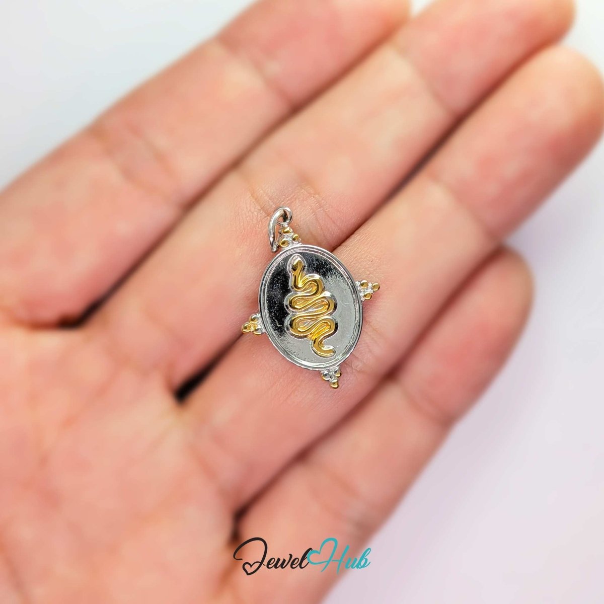 Snake Oval charm, two-tone stainless steel, held in the hand to show its size - JewelHub