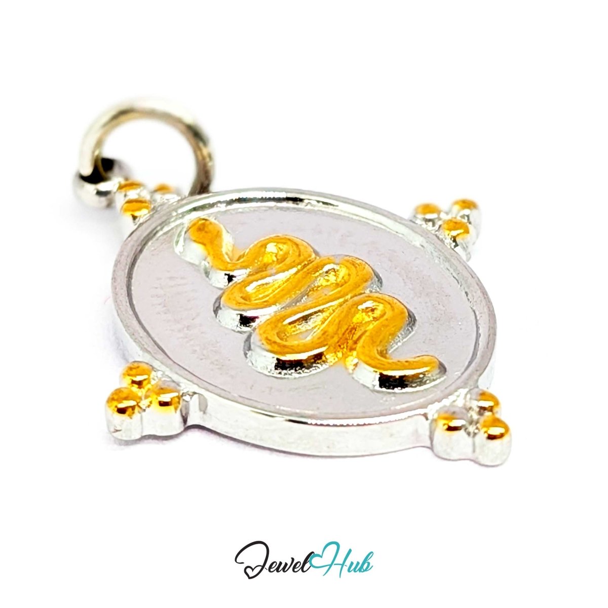 Snake Oval charm at an angle, two-tone stainless steel - the hammered ground and coiled gold snake - JewelHub