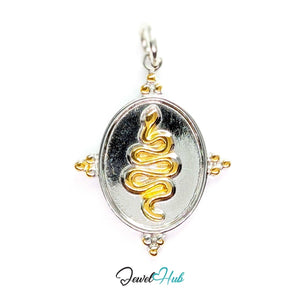 Snake Oval charm, two-tone stainless steel - coiled gold snake on hammered silver - JewelHub