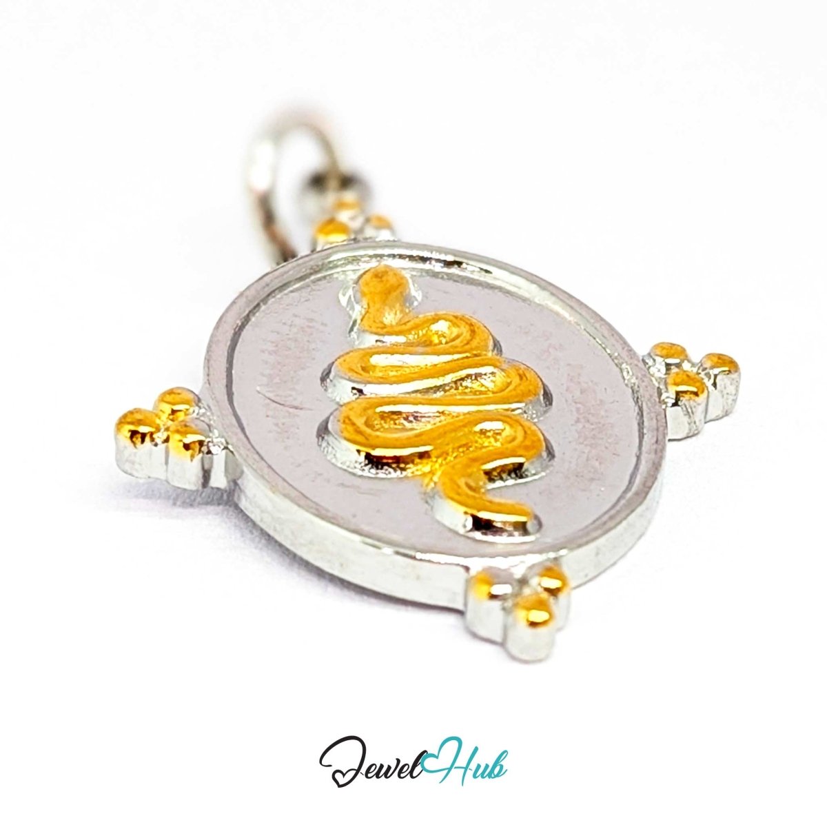 Snake Oval charm tilted, two-tone stainless steel - the hammered ground and coiled gold snake - JewelHub