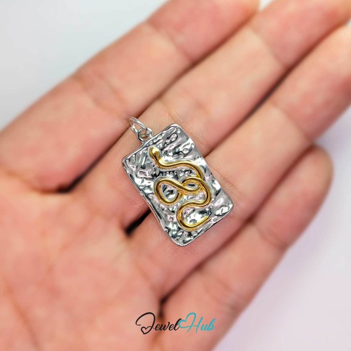 Snake Plate charm, two-tone stainless steel, held in the hand to show its size - JewelHub