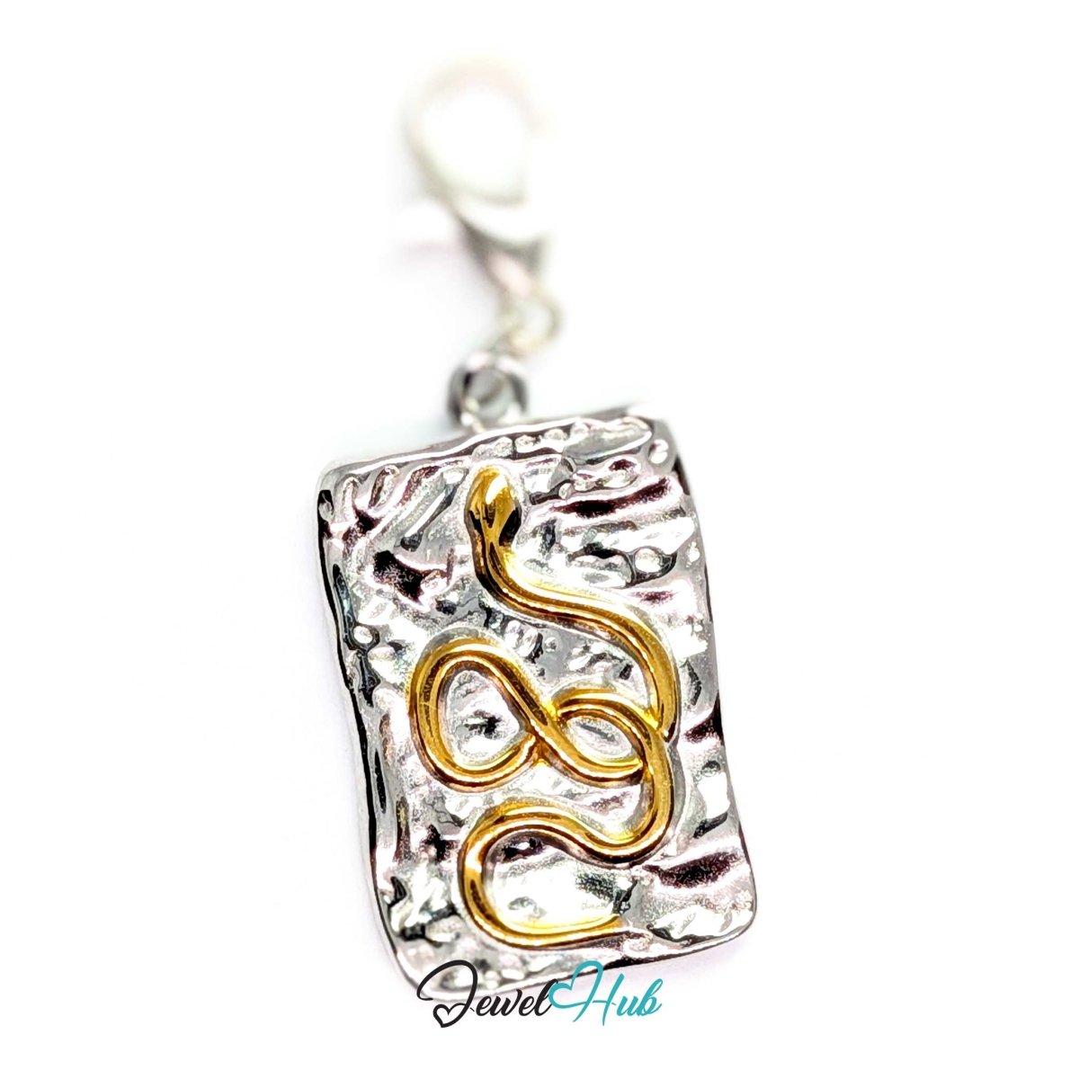 Snake Plate charm, two-tone stainless steel, fitted with a lobster clasp to clip straight on - JewelHub