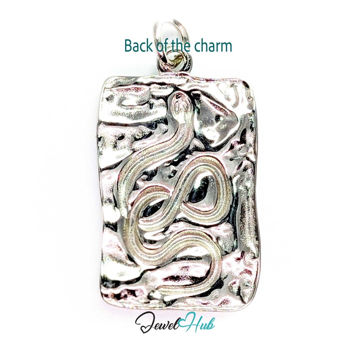 Back of the Snake Plate charm, two-tone stainless steel - silver, hammering and snake showing through - JewelHub