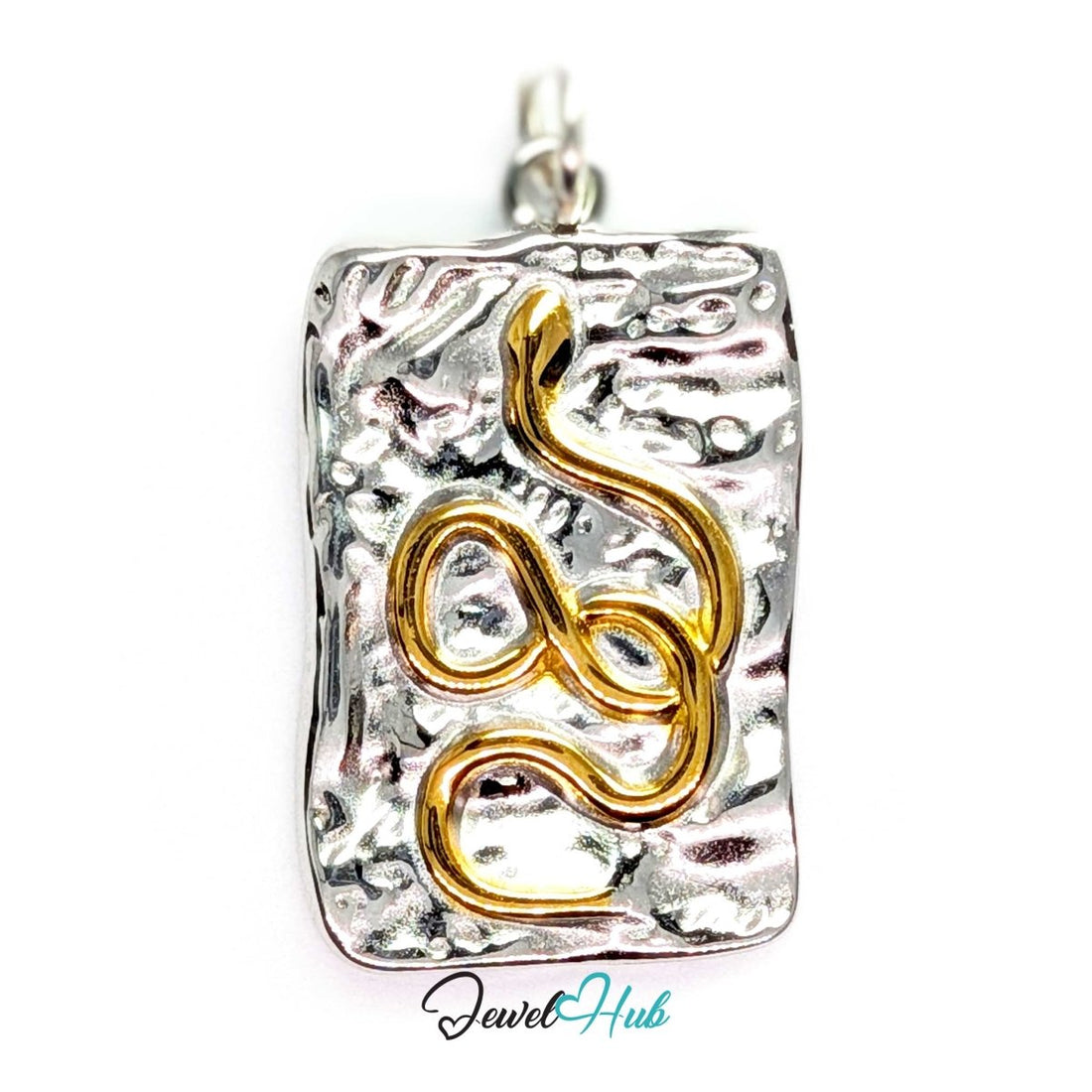 Snake Plate charm, two-tone stainless steel - gold snake down a hammered silver plate - JewelHub