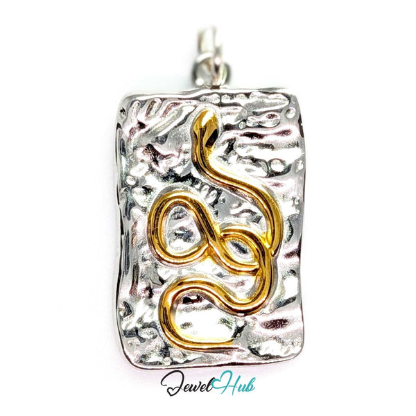 Snake Plate charm, two-tone stainless steel - gold snake down a hammered silver plate - JewelHub