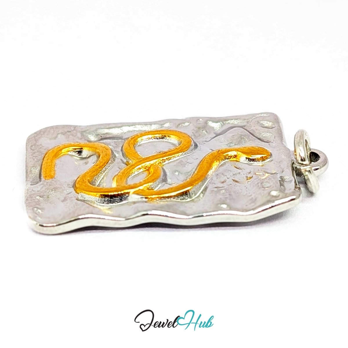 Snake Plate charm tilted, two-tone stainless steel - the deep hammering and winding gold snake - JewelHub
