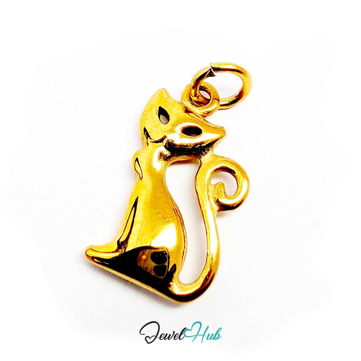 Gold standing cat charm angled to show the engraved almond eyes and muzzle - JewelHub