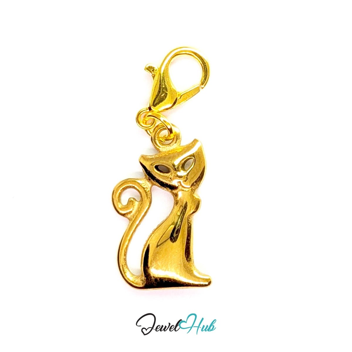 Gold Classic Standing Cat charm fitted with a lobster clasp, ready to clip onto a bracelet, bag or keyring - JewelHub