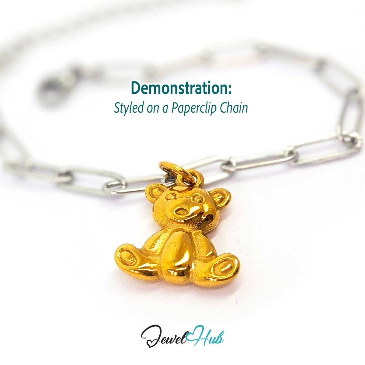 Gold classic Teddy Bear charm styled on a silver paperclip chain bracelet for a two-tone look - JewelHub