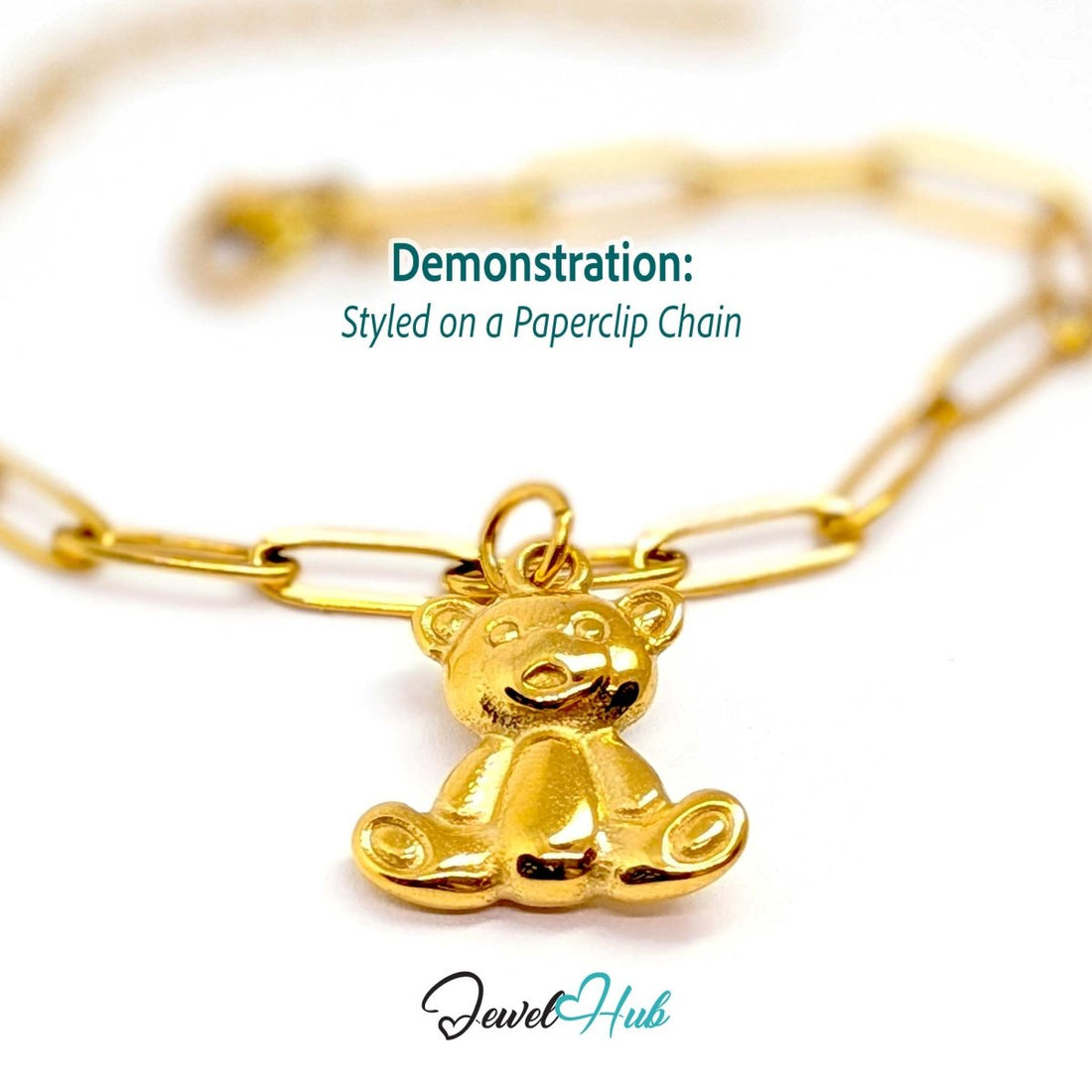 Gold classic Teddy Bear charm styled on a gold paperclip chain bracelet - JewelHub