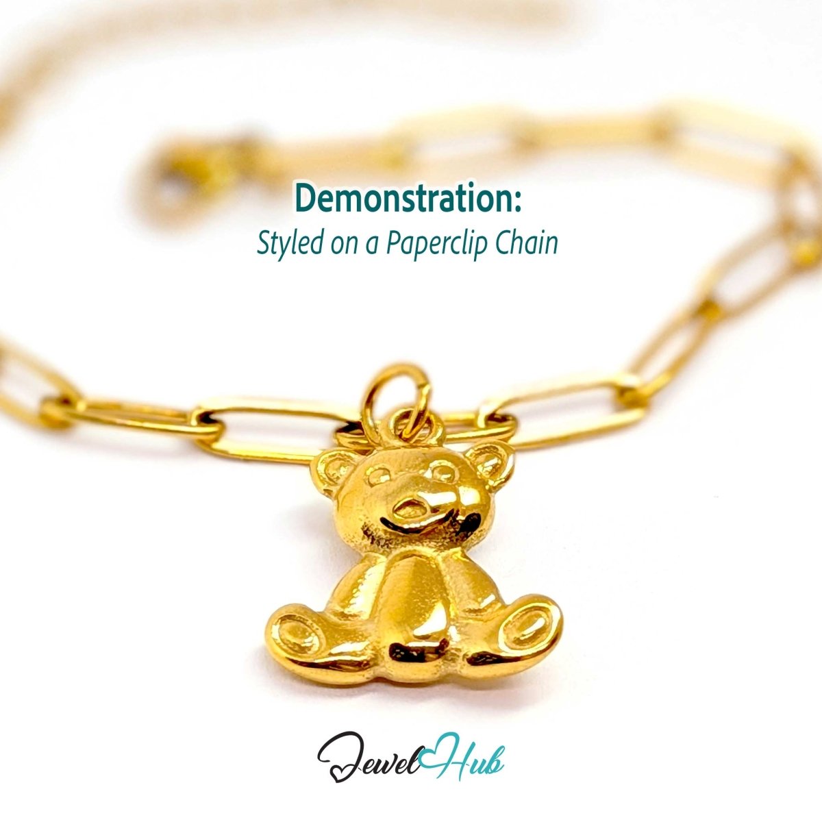 Gold classic Teddy Bear charm styled on a gold paperclip chain bracelet - JewelHub