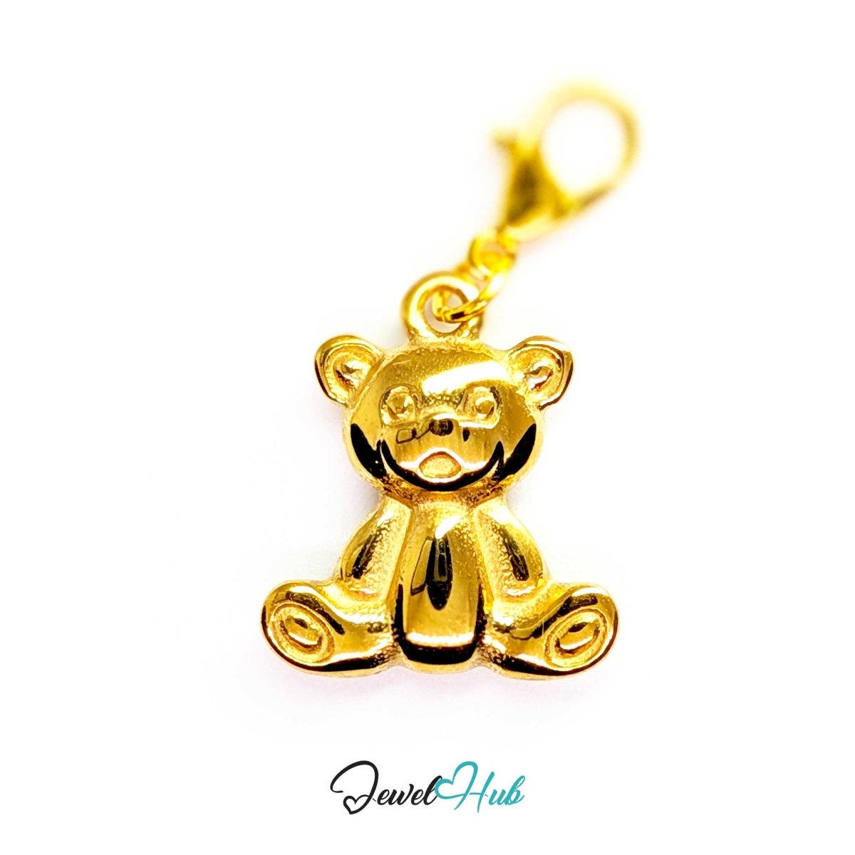 Gold Classic Teddy Bear charm fitted with a lobster clasp, ready to clip onto a bracelet, bag or keyring - JewelHub