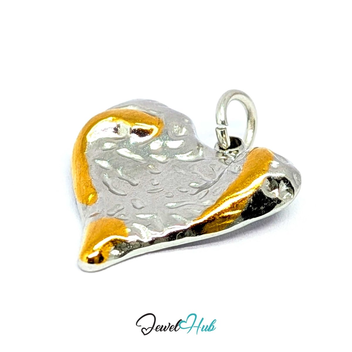 Textured Heart charm tilted, two-tone stainless steel - the worked silver surface and gold edge - JewelHub