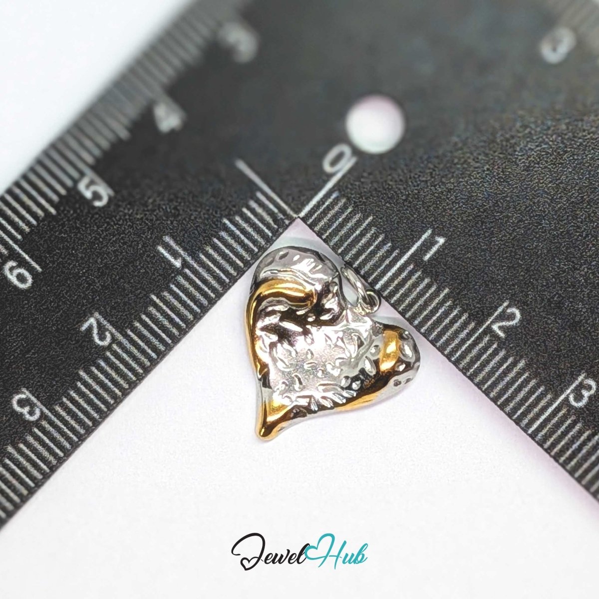 Textured Heart charm, two-tone stainless steel, measured against a ruler at 18.2 x 18.2mm - JewelHub