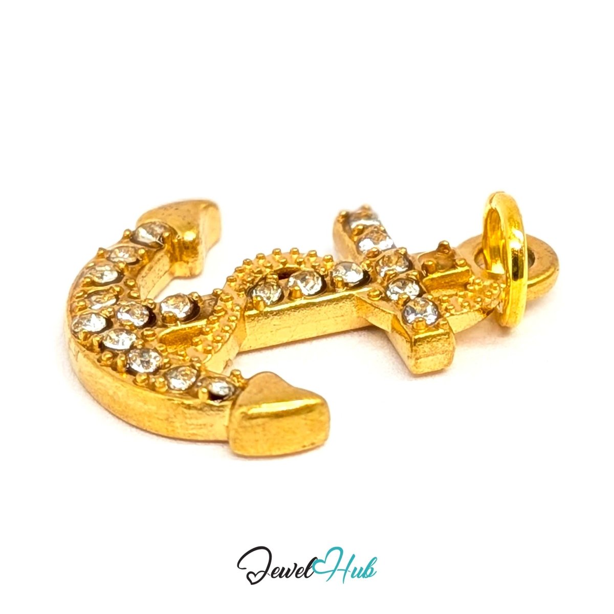 Anchor charm in gold stainless steel with a coiled rope and pave crystals - angled view - JewelHub
