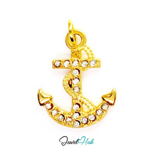 Anchor charm in gold stainless steel with a coiled rope and pave crystals - front view - JewelHub