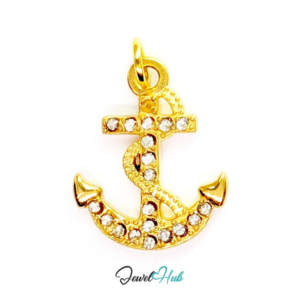 Anchor charm in gold stainless steel with a coiled rope and pave crystals - front view - JewelHub