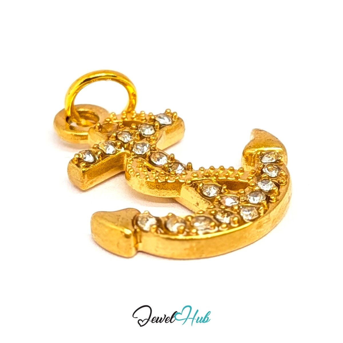 Anchor charm in gold stainless steel with a coiled rope and pave crystals - three-quarter view - JewelHub