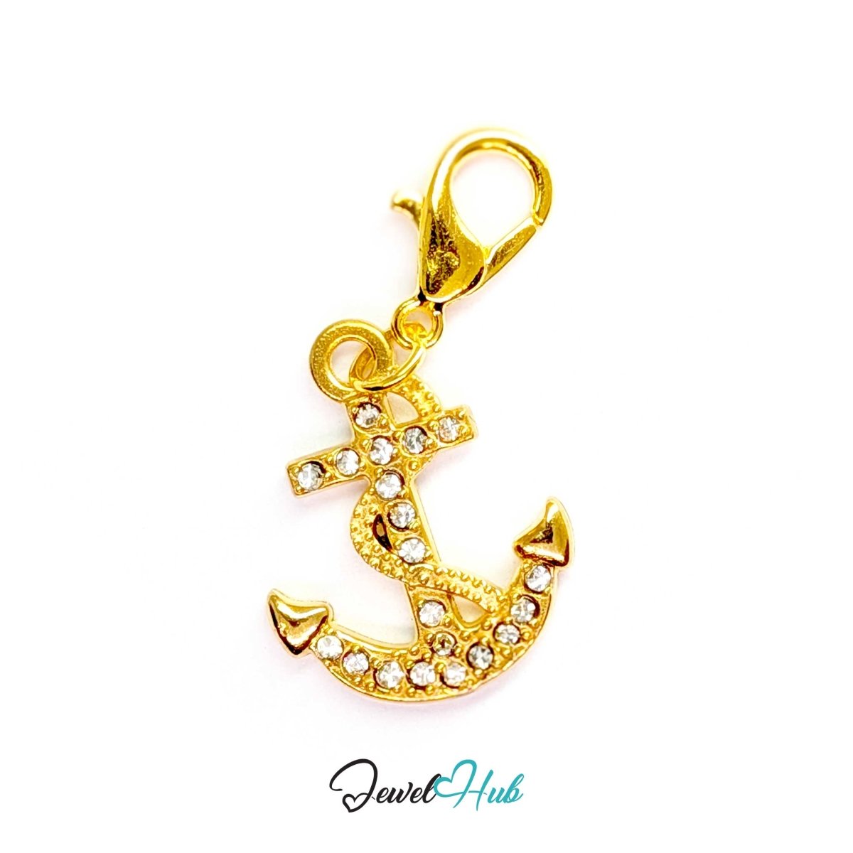 Anchor charm in gold stainless steel with a coiled rope and pave crystals - shown with the lobster clasp attached - JewelHub