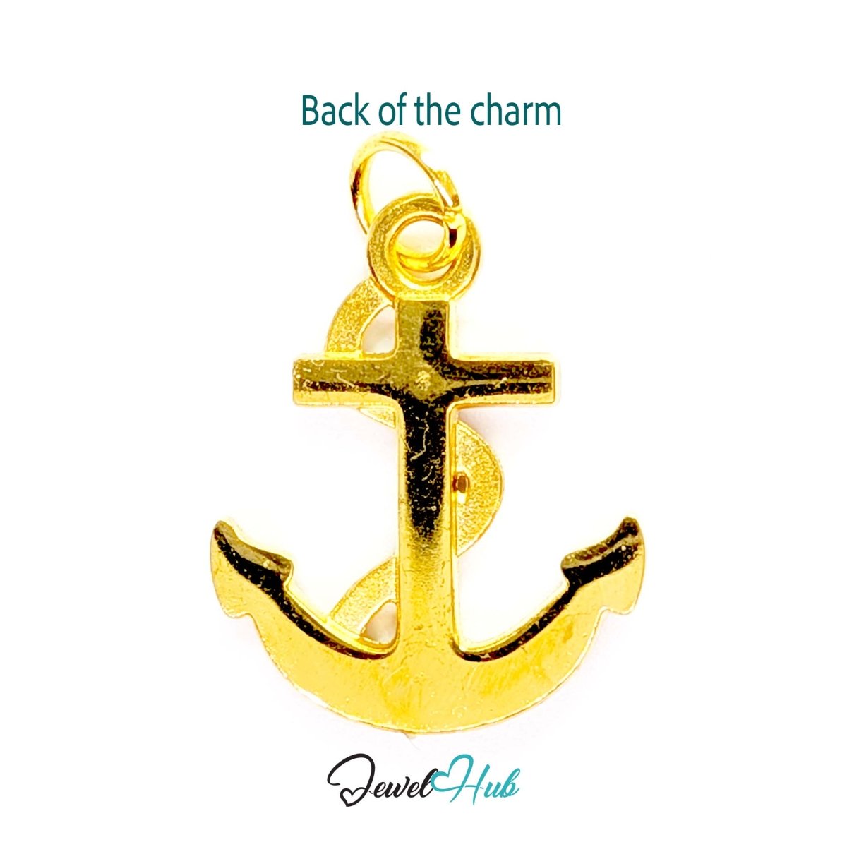 Anchor charm in gold stainless steel with a coiled rope and pave crystals - reverse - JewelHub