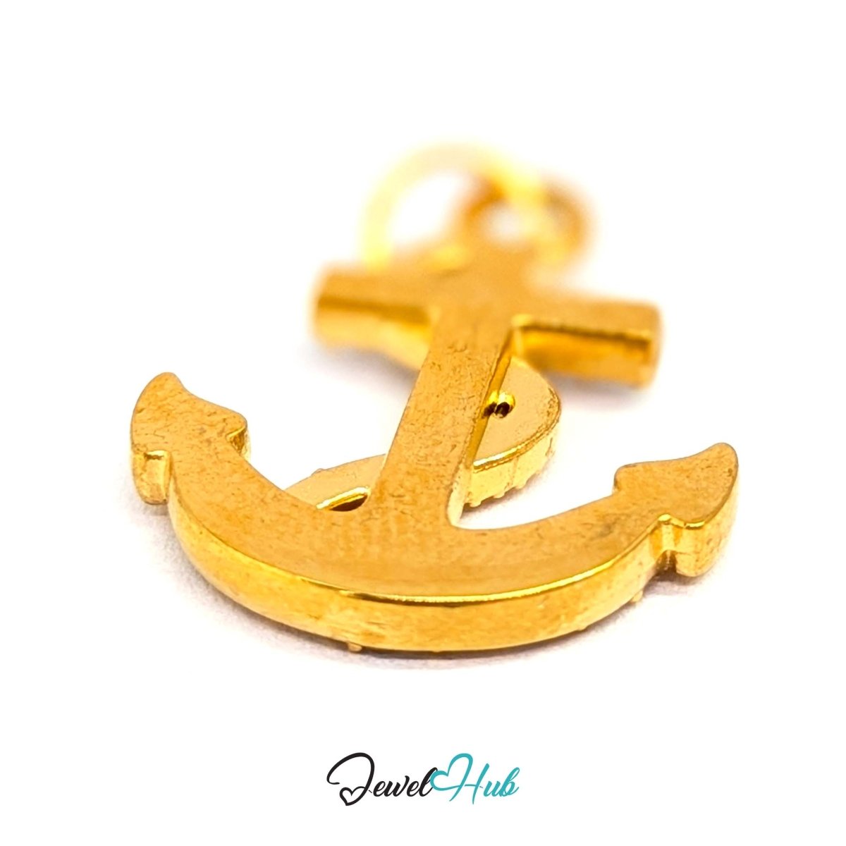 Anchor charm in gold stainless steel with a coiled rope and pave crystals - turned to show depth - JewelHub