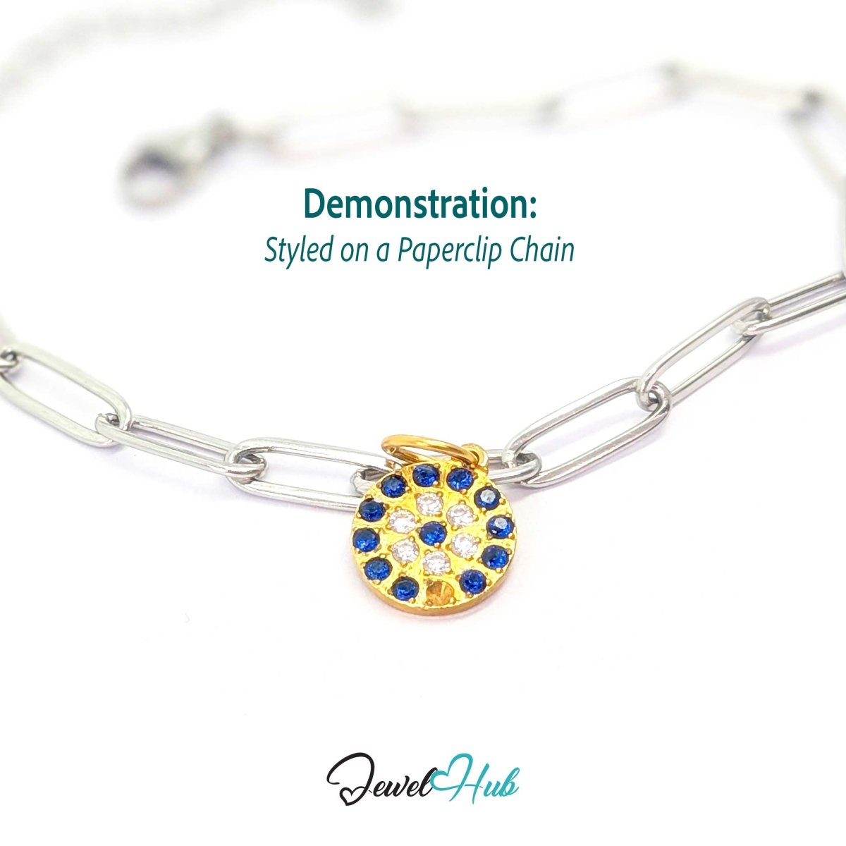 Blue Pave charm, gold stainless steel, styled on a silver paperclip chain bracelet - JewelHub