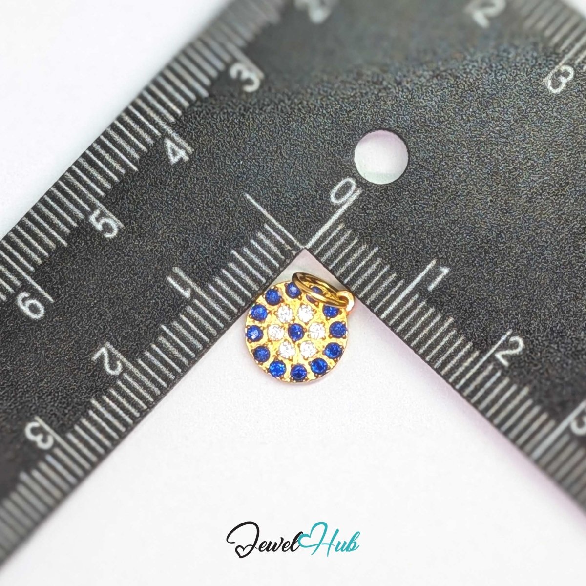 Blue Pave charm, gold stainless steel, measured against a ruler at 9.9 x 11.7mm - JewelHub