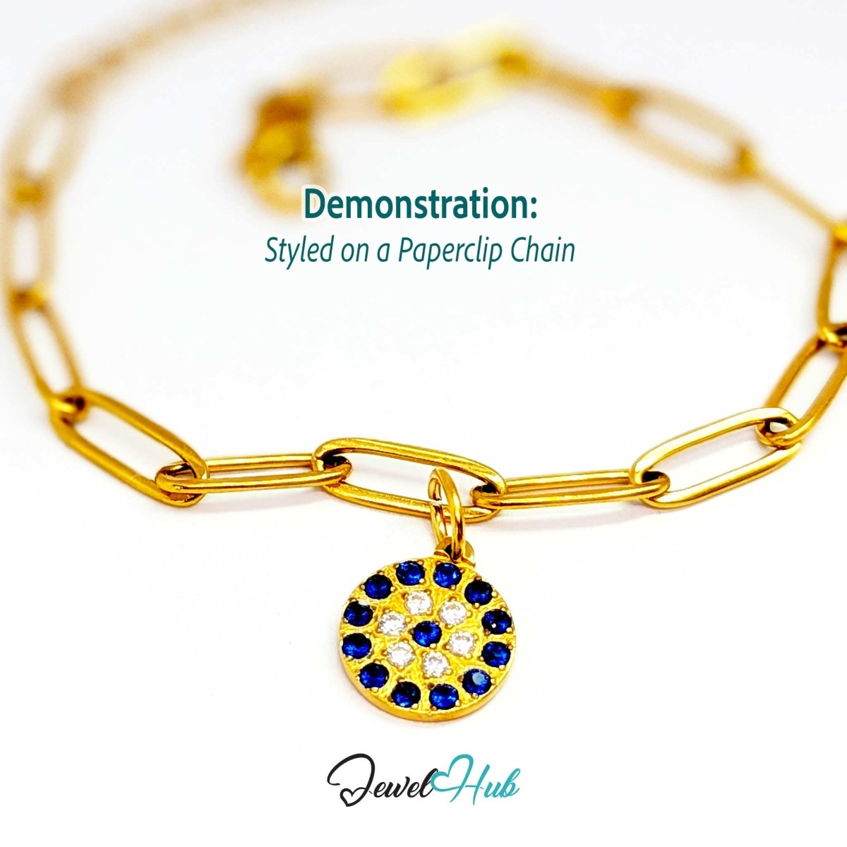 Blue Pave charm, gold stainless steel, styled on a gold paperclip chain bracelet - JewelHub