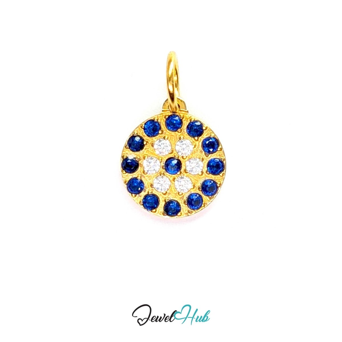 Blue Pave charm, gold stainless steel - pave disc of blue and clear crystals - JewelHub