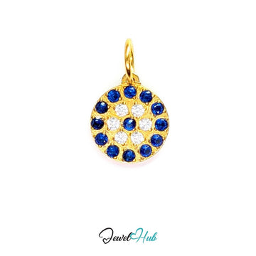 Blue Pave charm, gold stainless steel - pave disc of blue and clear crystals - JewelHub