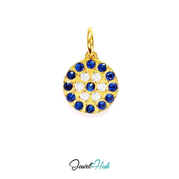 Blue Pave charm, gold stainless steel - pave disc of blue and clear crystals - JewelHub