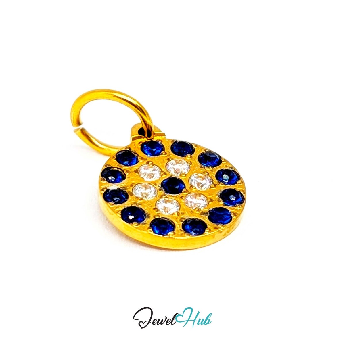 Blue Pave charm at an angle, gold stainless steel - the concentric rings of blue and clear stones - JewelHub