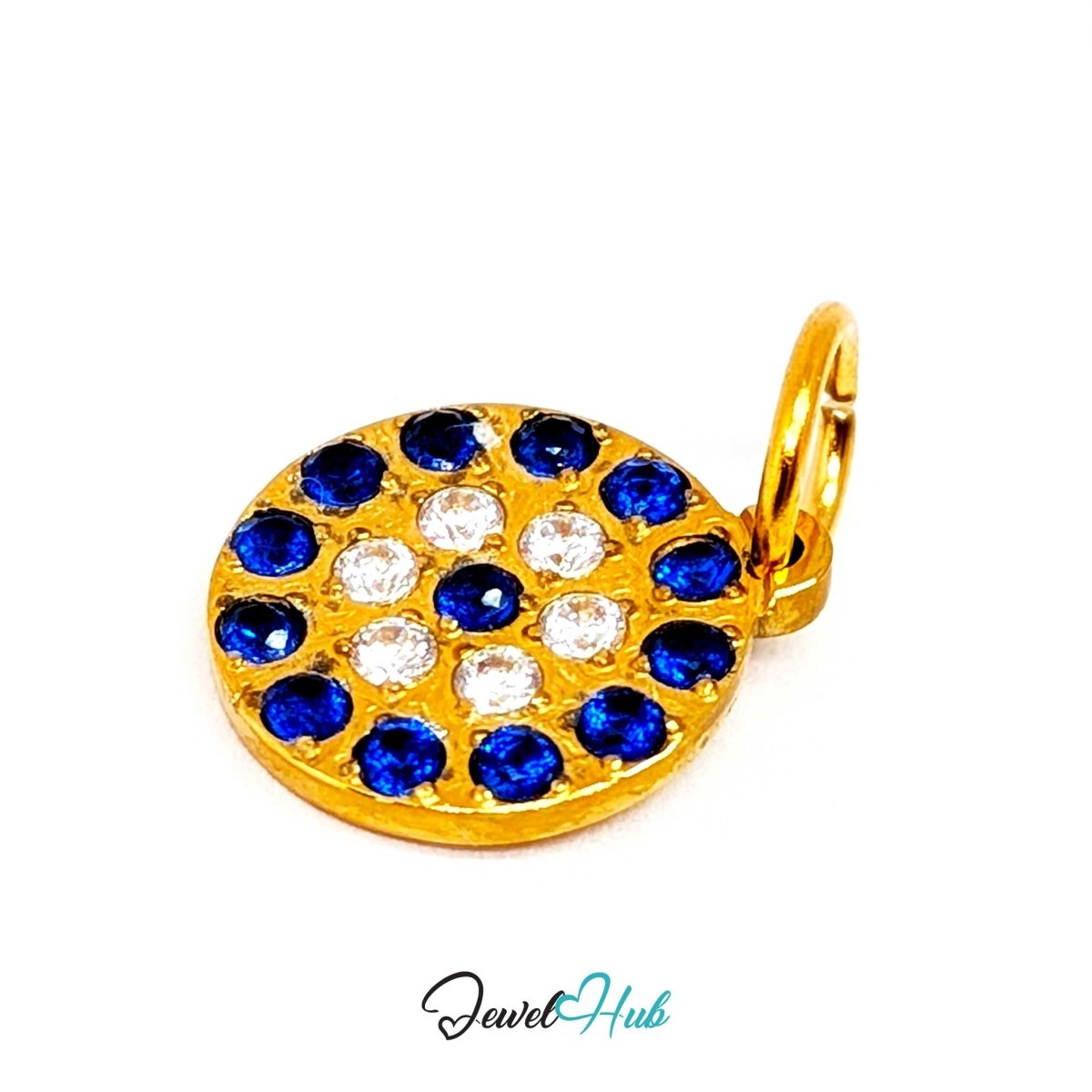 Blue Pave charm tilted, gold stainless steel - the concentric rings of blue and clear stones - JewelHub