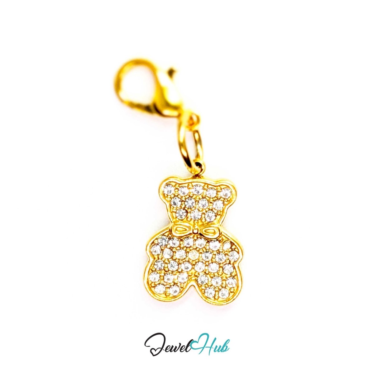 Gold Crystal Bow Bear charm fitted with a lobster clasp, ready to clip onto a bracelet, bag or keyring - JewelHub