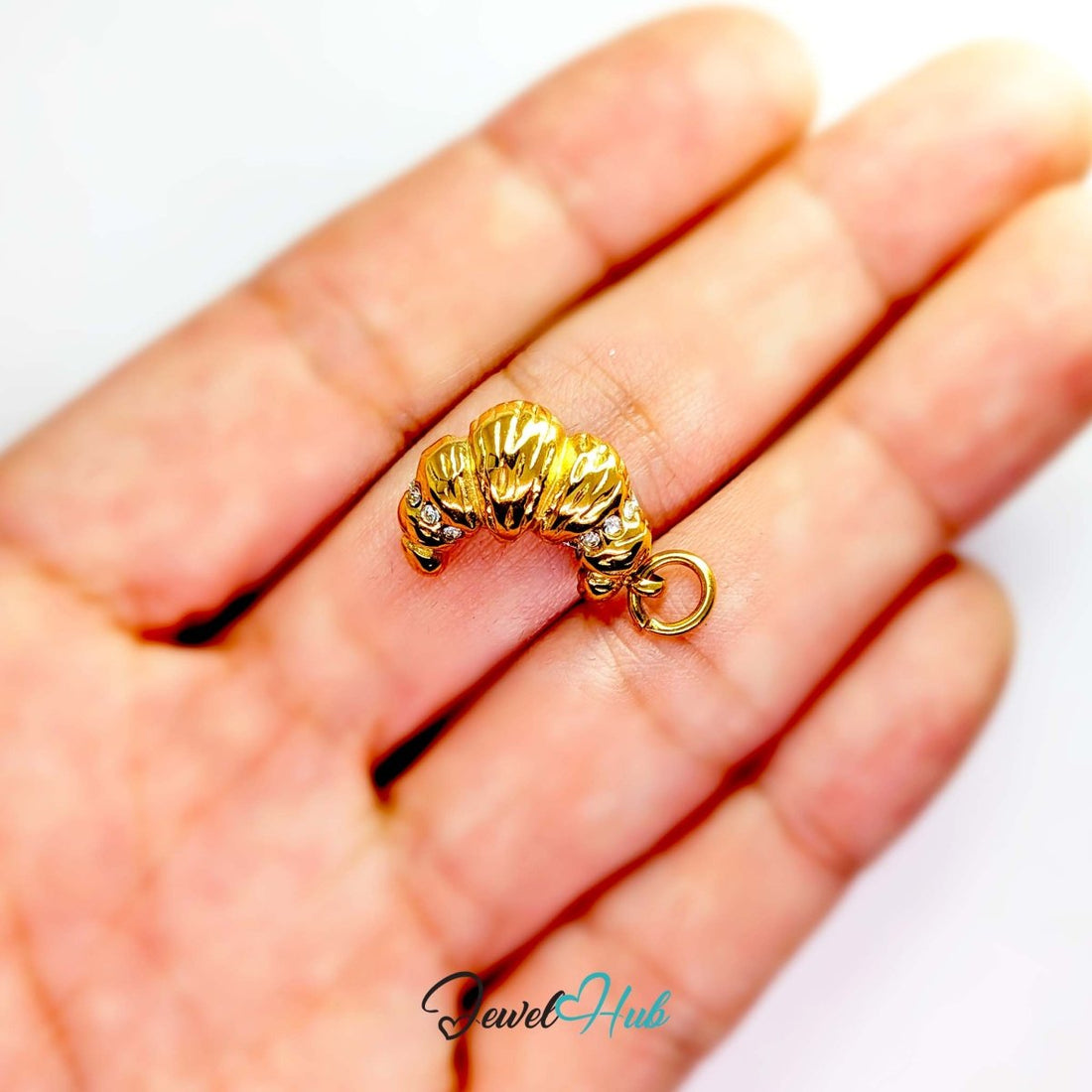 Croissant charm in gold stainless steel with clear crystals - front view - JewelHub
