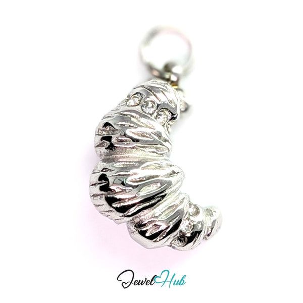 Croissant charm in silver stainless steel with clear crystals - front view - JewelHub