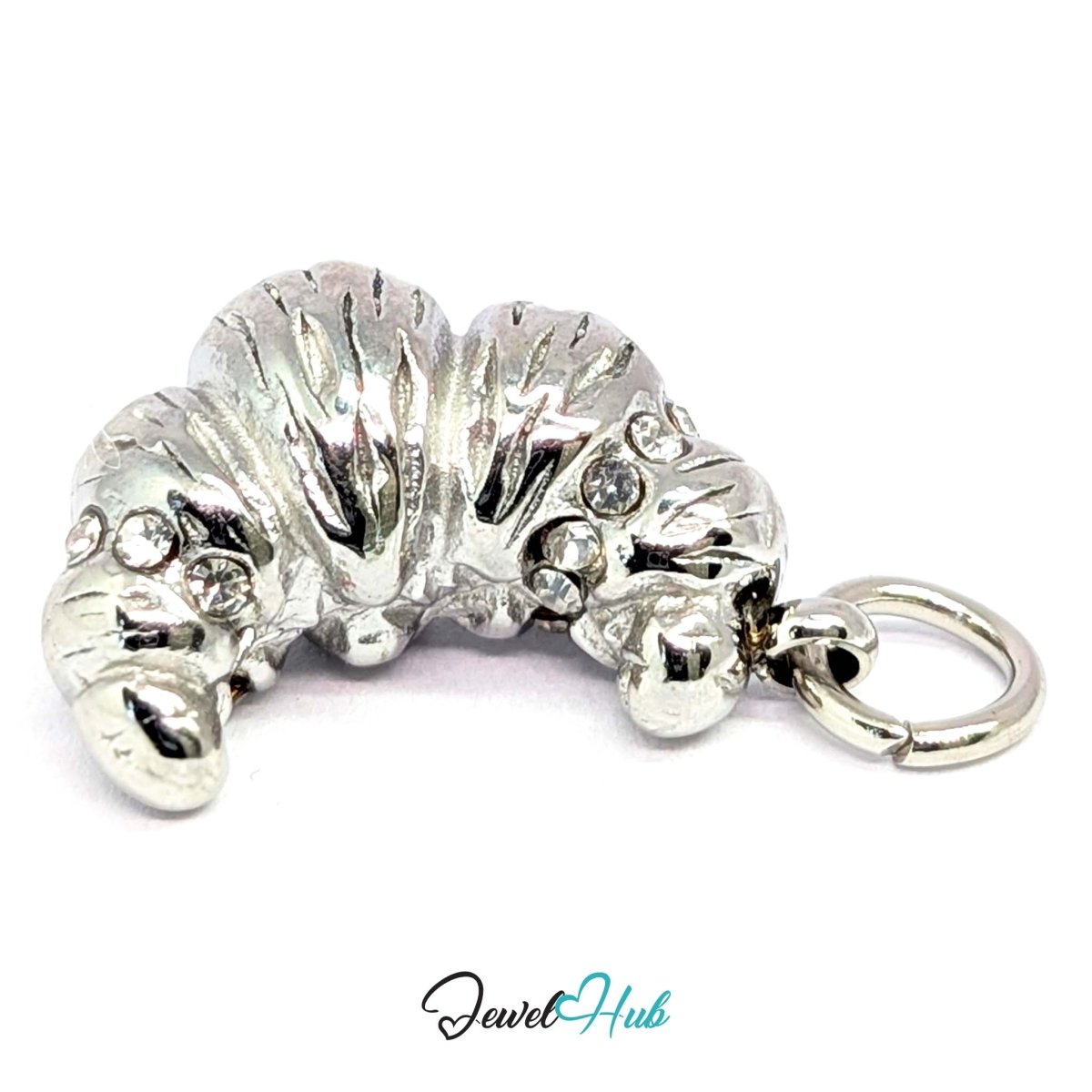 Croissant charm in silver stainless steel with clear crystals - three-quarter view - JewelHub
