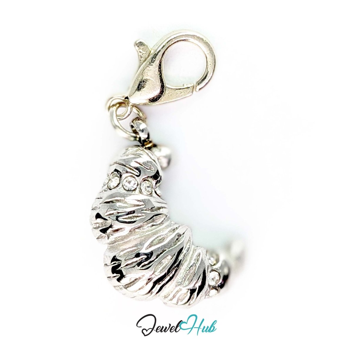 Croissant charm in silver stainless steel with clear crystals - shown with the lobster clasp attached - JewelHub