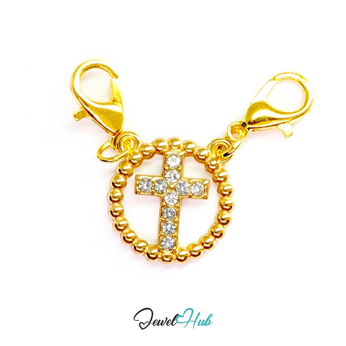Cross charm in gold stainless steel with ten crystals in a beaded ring - shown with the lobster clasp attached - JewelHub